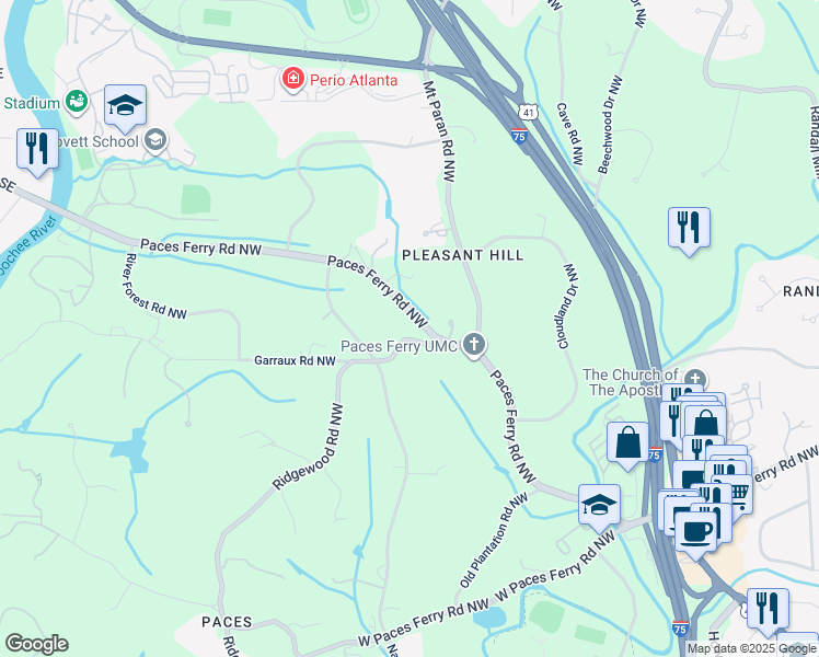 map of restaurants, bars, coffee shops, grocery stores, and more near 3670 Ridgewood Road Northwest in Atlanta