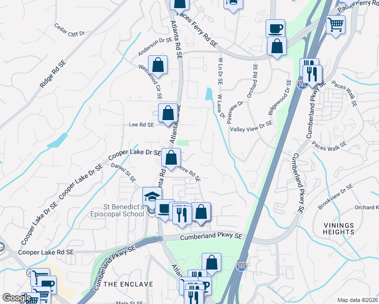 map of restaurants, bars, coffee shops, grocery stores, and more near 2213 Vinings North Lane Southeast in Smyrna