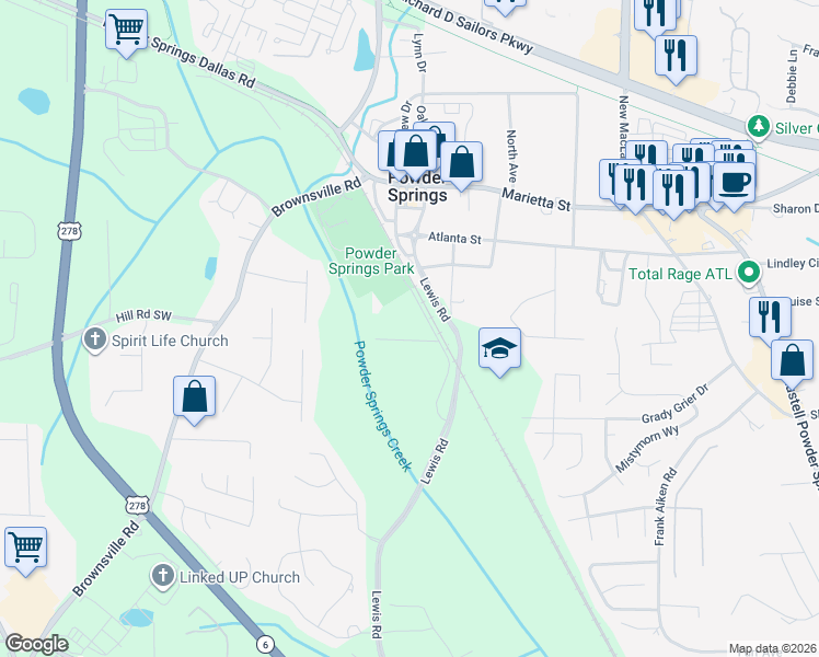 map of restaurants, bars, coffee shops, grocery stores, and more near 4436 Long Street in Powder Springs
