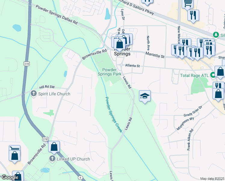 map of restaurants, bars, coffee shops, grocery stores, and more near 4492 Long Street in Powder Springs