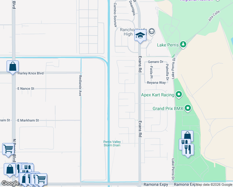 map of restaurants, bars, coffee shops, grocery stores, and more near 4796 Albatross Avenue in Perris