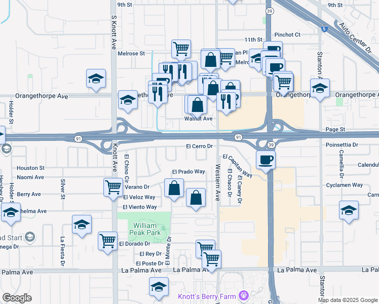 map of restaurants, bars, coffee shops, grocery stores, and more near 7426 El Camino Circle in Buena Park