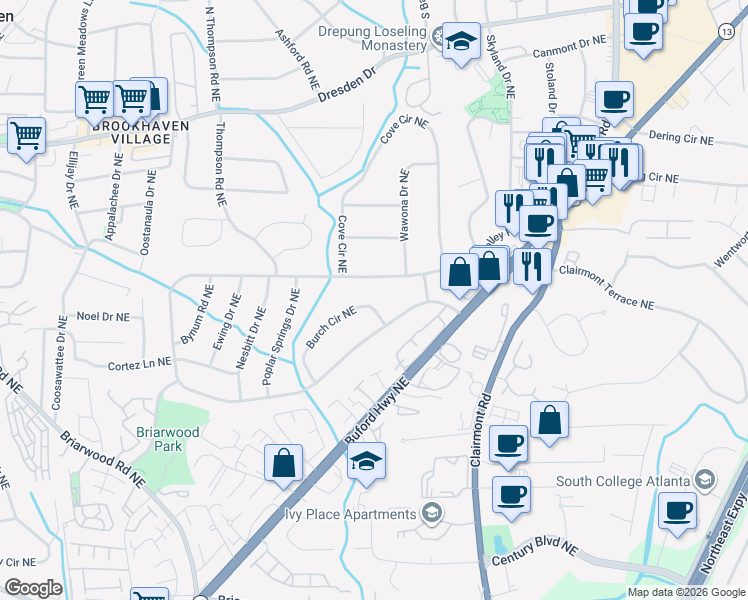 map of restaurants, bars, coffee shops, grocery stores, and more near 2394 Burch Circle Northeast in Atlanta