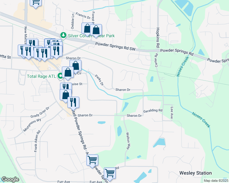map of restaurants, bars, coffee shops, grocery stores, and more near 3665 Sharon Drive in Powder Springs