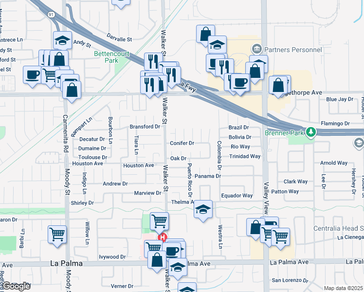 map of restaurants, bars, coffee shops, grocery stores, and more near 5552 Conifer Drive in La Palma