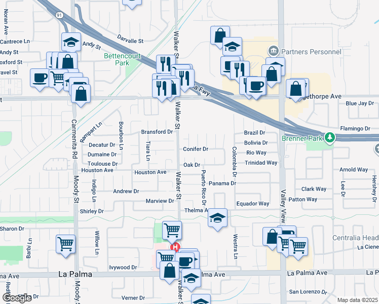 map of restaurants, bars, coffee shops, grocery stores, and more near 5552 Conifer Drive in La Palma