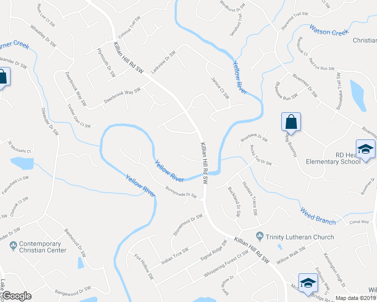 map of restaurants, bars, coffee shops, grocery stores, and more near 1524 Pathfinder Way Southwest in Lilburn