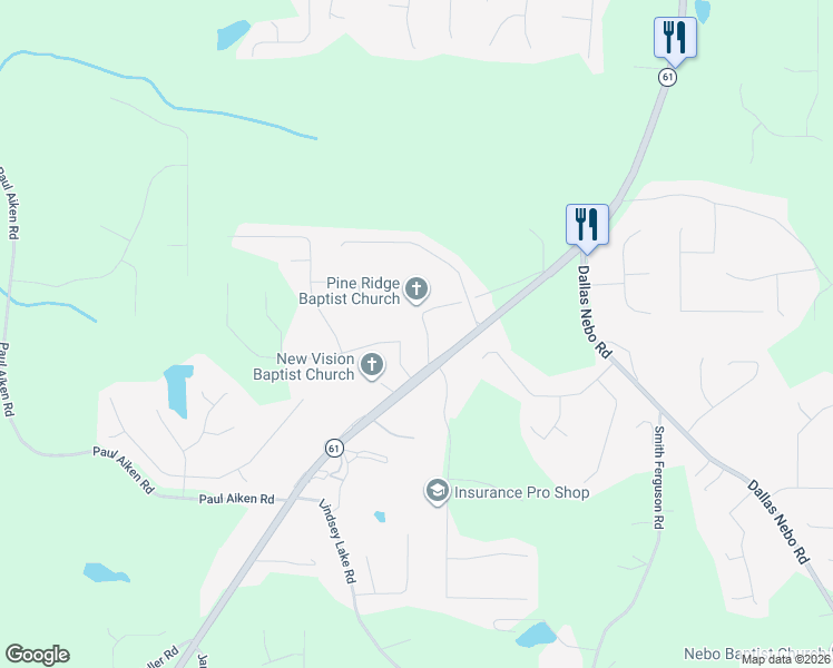 map of restaurants, bars, coffee shops, grocery stores, and more near 96 Pine Ridge Church Road in Dallas