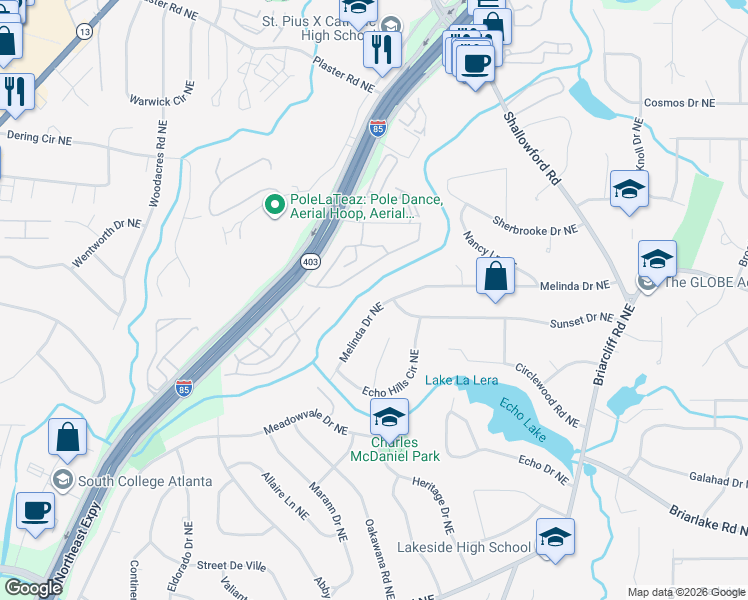 map of restaurants, bars, coffee shops, grocery stores, and more near 2360 Melinda Drive Northeast in Atlanta