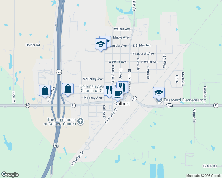 map of restaurants, bars, coffee shops, grocery stores, and more near 205 North Maupin Street in Colbert