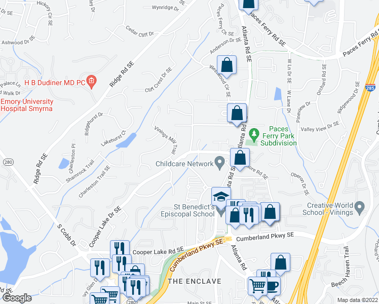 map of restaurants, bars, coffee shops, grocery stores, and more near Cooper Lake Dr & Pine Ridge Rd SE in Smyrna