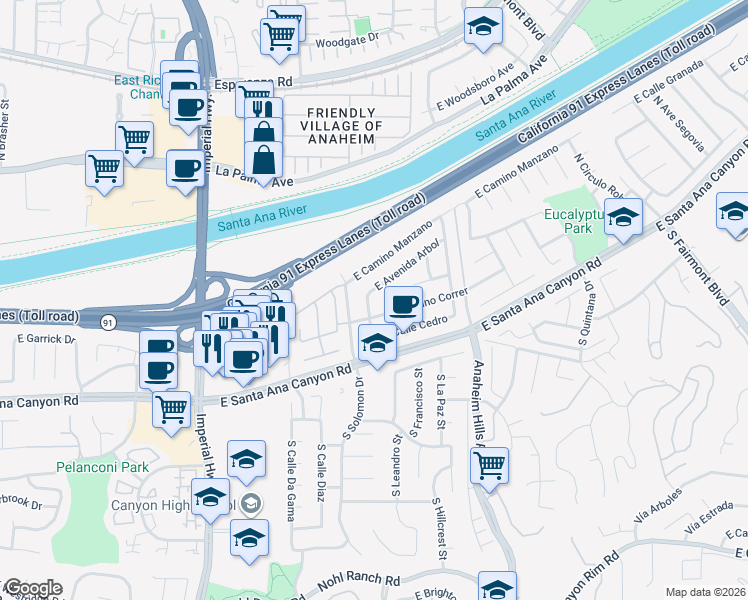 map of restaurants, bars, coffee shops, grocery stores, and more near 180 North Avenue Pina in Anaheim