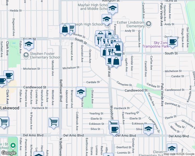 map of restaurants, bars, coffee shops, grocery stores, and more near 5373 Ocana Ave in Lakewood