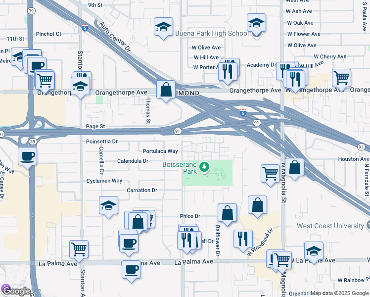 map of restaurants, bars, coffee shops, grocery stores, and more near 1421 North Greenhaven Lane in Anaheim