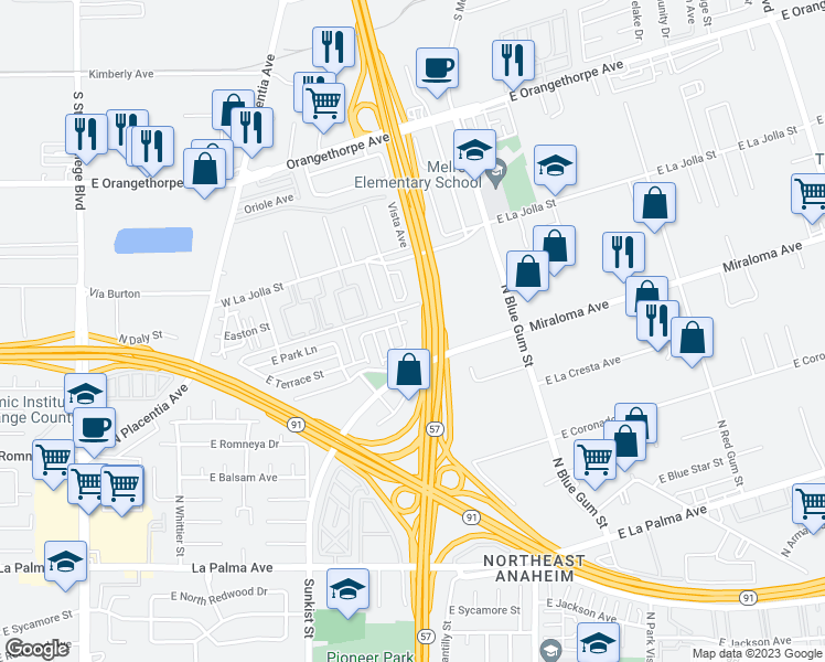 map of restaurants, bars, coffee shops, grocery stores, and more near 2660 East Park Lane in Anaheim