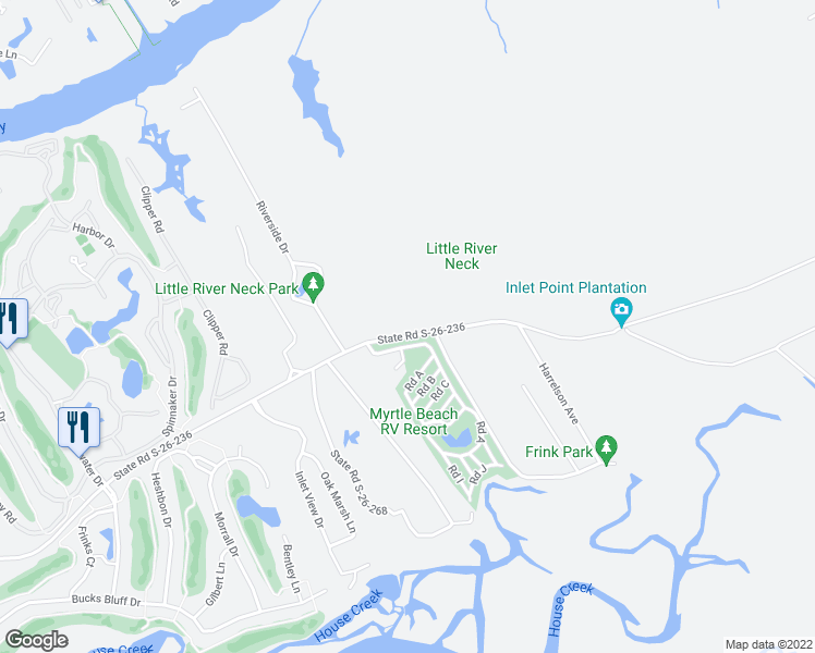 map of restaurants, bars, coffee shops, grocery stores, and more near 5397 Little River Neck Road in North Myrtle Beach