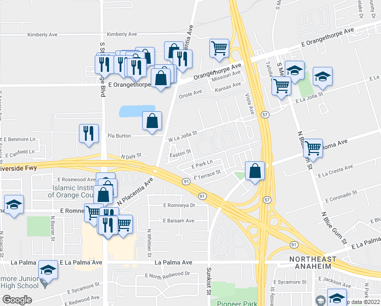 map of restaurants, bars, coffee shops, grocery stores, and more near 1047 Wallgreen Street in Placentia