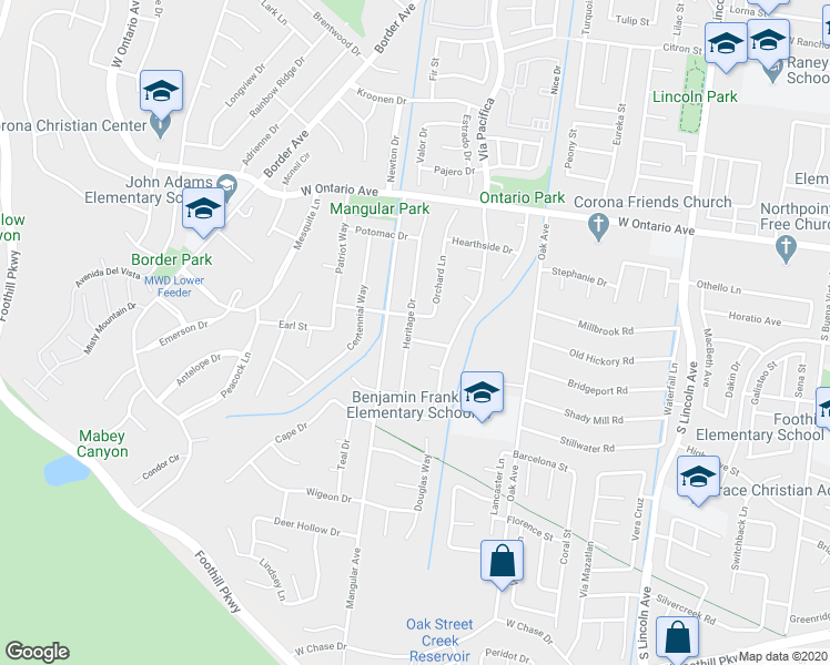 map of restaurants, bars, coffee shops, grocery stores, and more near 1351 Old Ranch Road in Corona