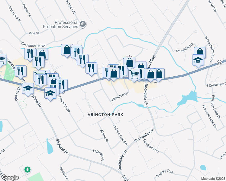 map of restaurants, bars, coffee shops, grocery stores, and more near 2655 Cindy Lane Southwest in Snellville