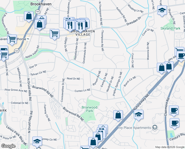 map of restaurants, bars, coffee shops, grocery stores, and more near 2381 Drew Valley Road Northeast in Brookhaven