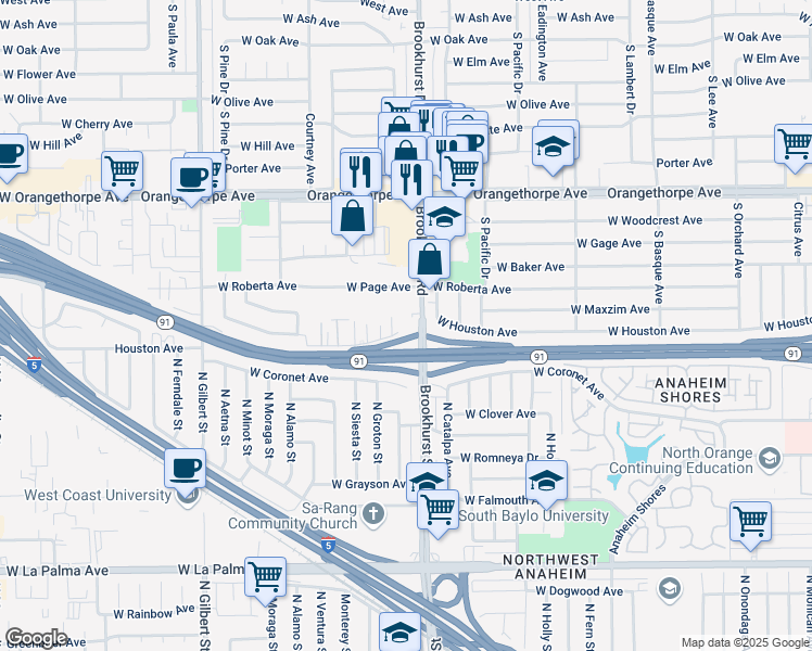 map of restaurants, bars, coffee shops, grocery stores, and more near 1810 West Houston Avenue in Fullerton