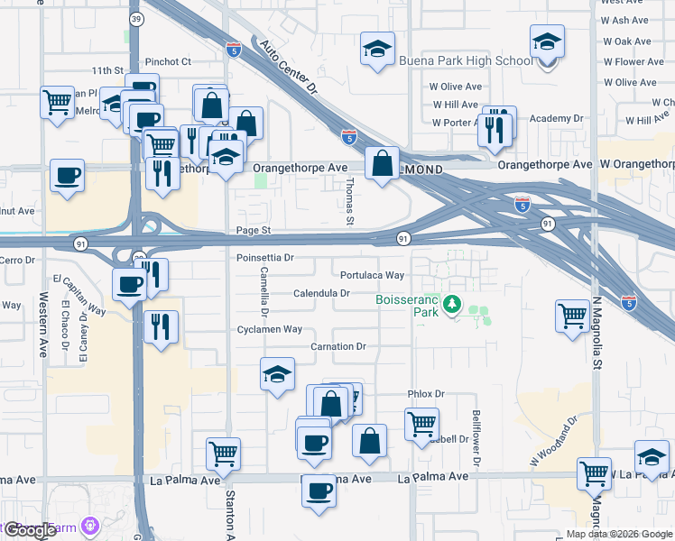 map of restaurants, bars, coffee shops, grocery stores, and more near 8297 Portulaca Way in Buena Park