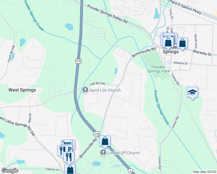 map of restaurants, bars, coffee shops, grocery stores, and more near 4751 Hill Road Southwest in Powder Springs