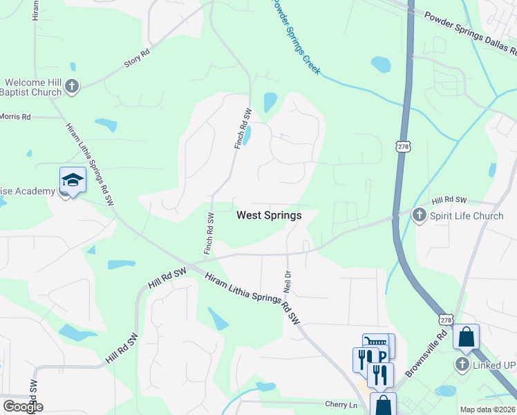map of restaurants, bars, coffee shops, grocery stores, and more near 5235 Pine Way Road in Powder Springs