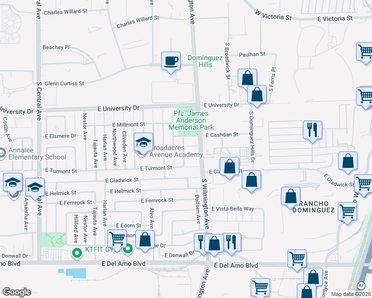 map of restaurants, bars, coffee shops, grocery stores, and more near 1854 East Kramer Drive in Carson