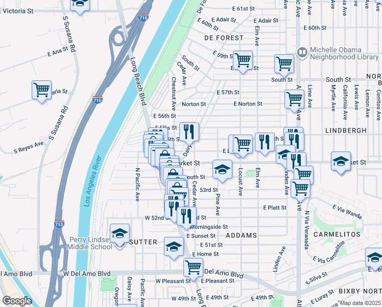 map of restaurants, bars, coffee shops, grocery stores, and more near 92 East Louise Street in Long Beach