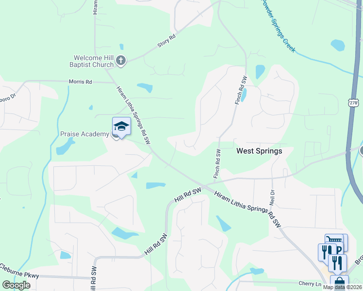 map of restaurants, bars, coffee shops, grocery stores, and more near 3975 Saint George Terrace Southwest in Hiram