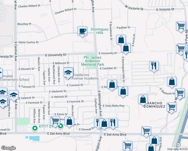 map of restaurants, bars, coffee shops, grocery stores, and more near 1874 East Kramer Drive in Carson