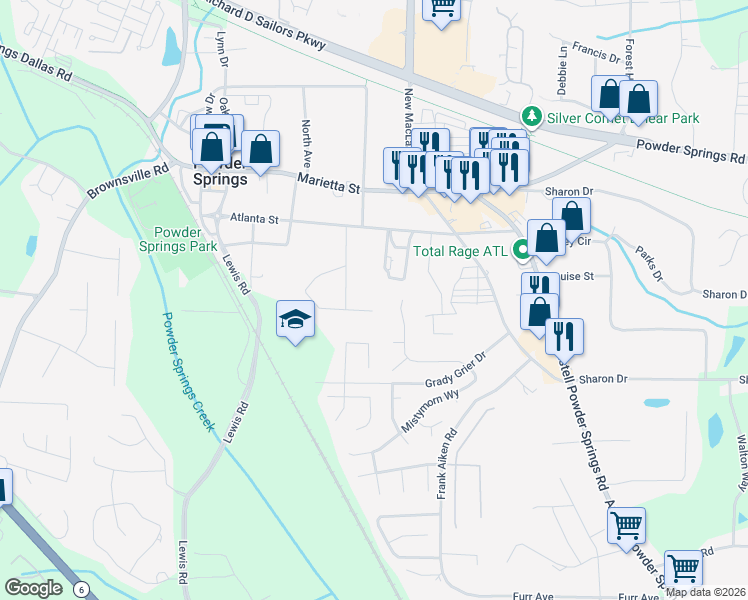 map of restaurants, bars, coffee shops, grocery stores, and more near 4047 Mistymorn Lane in Powder Springs