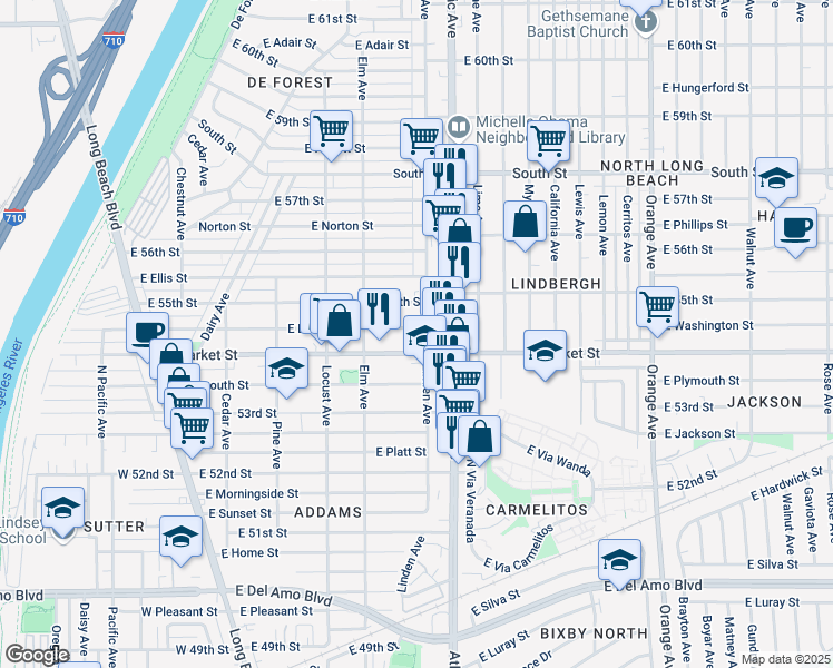 map of restaurants, bars, coffee shops, grocery stores, and more near 488 East Louise Street in Long Beach