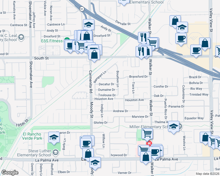 map of restaurants, bars, coffee shops, grocery stores, and more near 5161 Dumaine Drive in La Palma