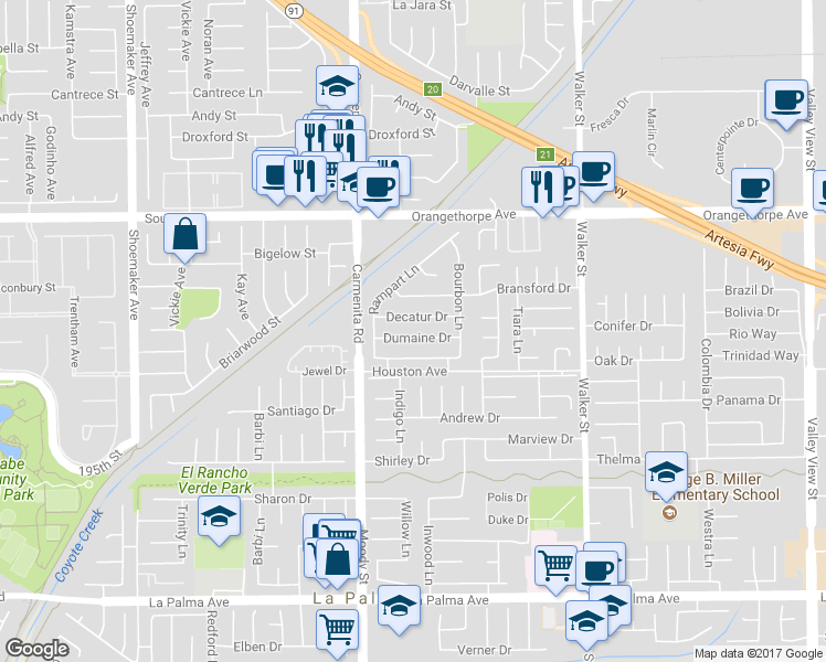map of restaurants, bars, coffee shops, grocery stores, and more near 5121 Dumaine Drive in La Palma