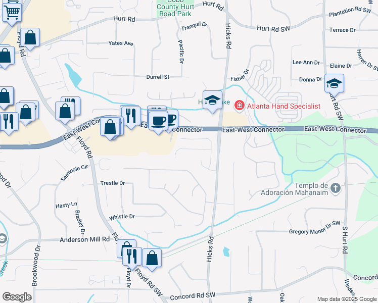 map of restaurants, bars, coffee shops, grocery stores, and more near 729 Peteywood Drive in Austell