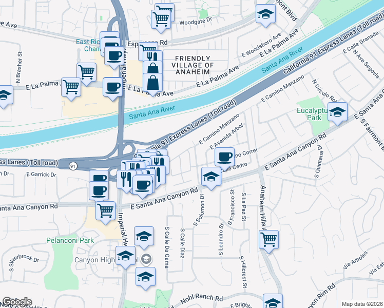 map of restaurants, bars, coffee shops, grocery stores, and more near 270 North Rose Blossom Lane in Anaheim