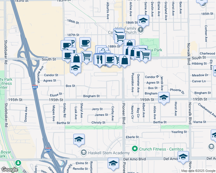 map of restaurants, bars, coffee shops, grocery stores, and more near 19324 Alburtis Avenue in Cerritos