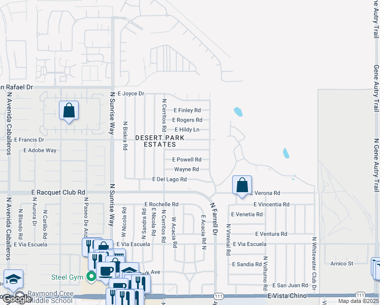 map of restaurants, bars, coffee shops, grocery stores, and more near 2347 East Bellamy Road in Palm Springs