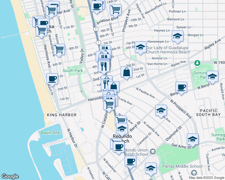 map of restaurants, bars, coffee shops, grocery stores, and more near 900 Pacific Coast Highway in Redondo Beach