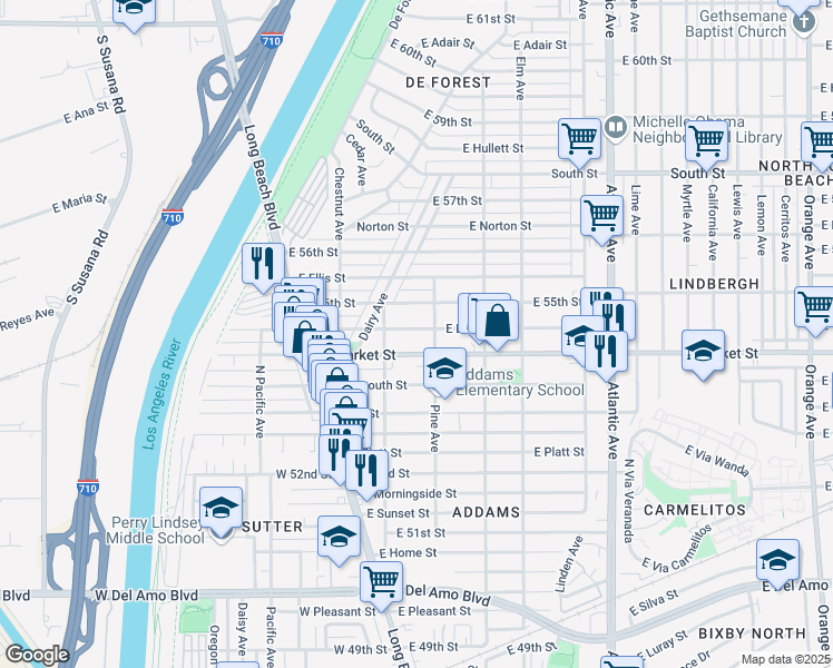 map of restaurants, bars, coffee shops, grocery stores, and more near 152 East Louise Street in Long Beach