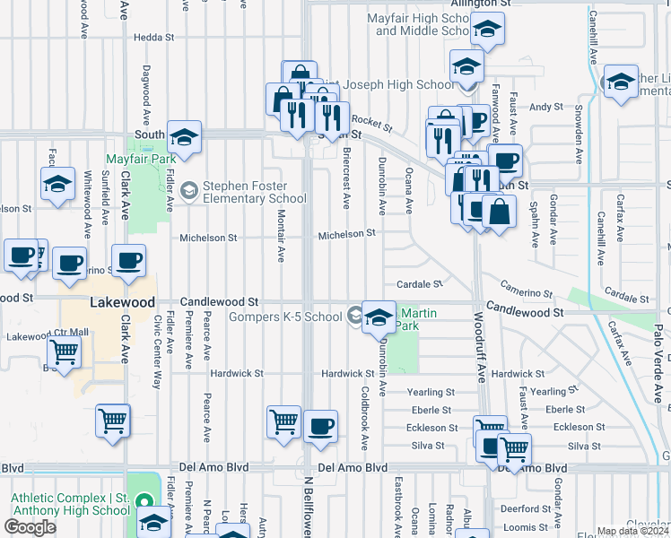 map of restaurants, bars, coffee shops, grocery stores, and more near 5344 Adenmoor Avenue in Lakewood