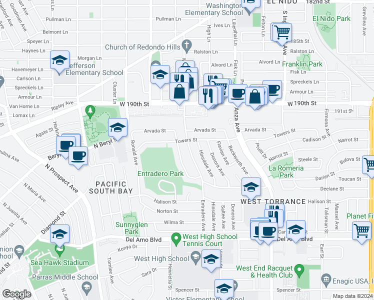 map of restaurants, bars, coffee shops, grocery stores, and more near 19317 Entradero Avenue in Torrance