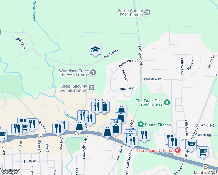 map of restaurants, bars, coffee shops, grocery stores, and more near 406 Dogwood Trail in Jasper