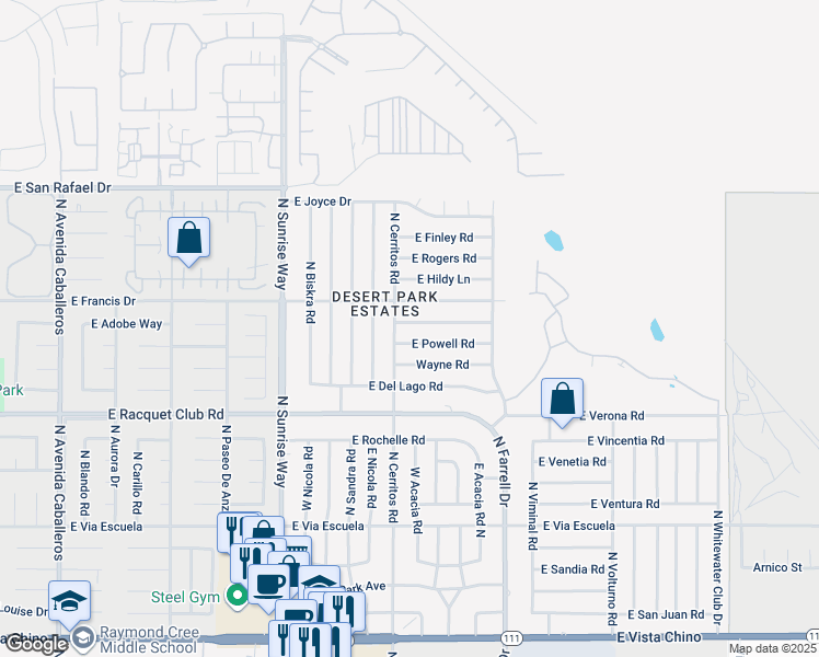 map of restaurants, bars, coffee shops, grocery stores, and more near 2155 East Bellamy Road in Palm Springs