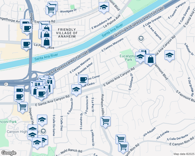 map of restaurants, bars, coffee shops, grocery stores, and more near 124 North Avenida Palmera in Anaheim