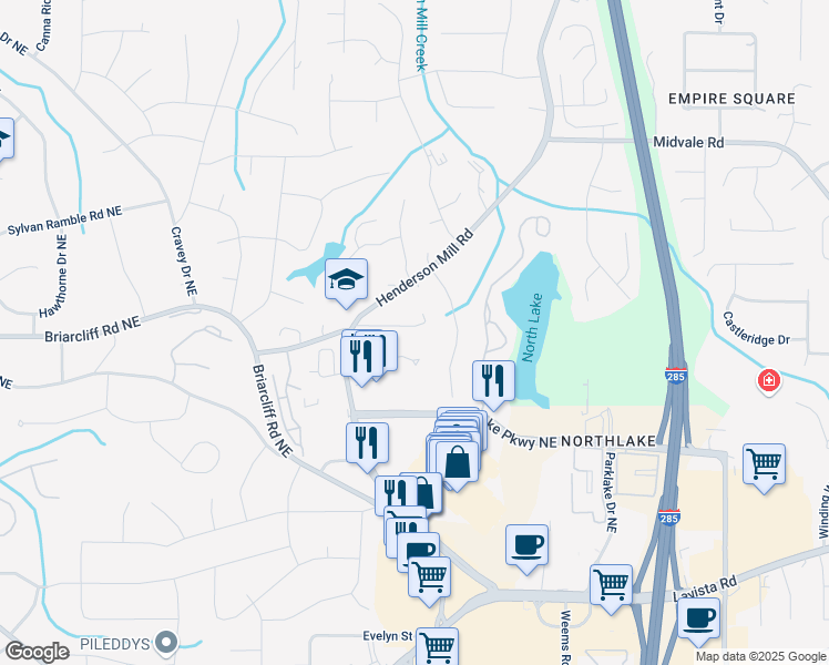 map of restaurants, bars, coffee shops, grocery stores, and more near 3225 Amblewood Court in Atlanta