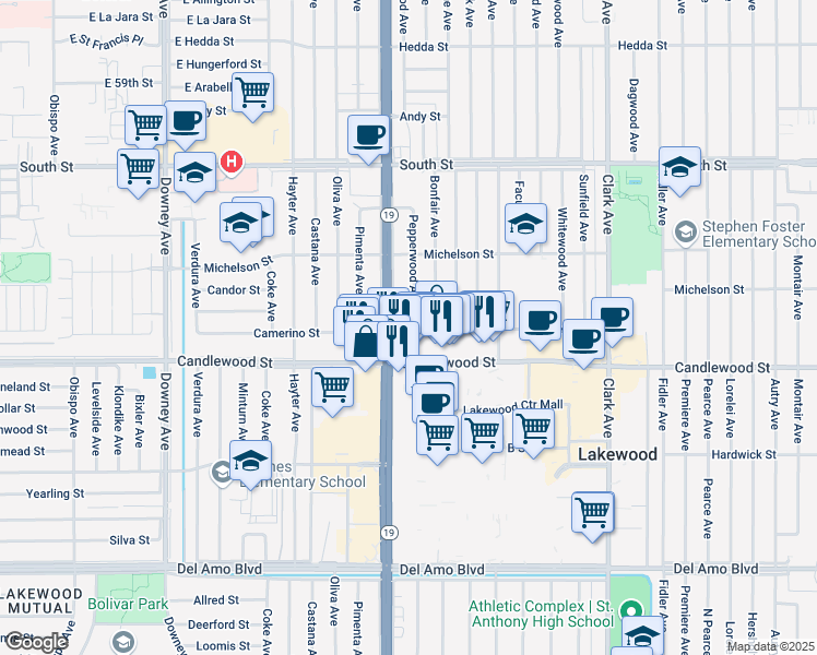 map of restaurants, bars, coffee shops, grocery stores, and more near 5403 Pepperwood Avenue in Lakewood