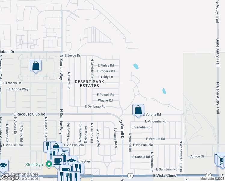 map of restaurants, bars, coffee shops, grocery stores, and more near 2405 East Bellamy Road in Palm Springs